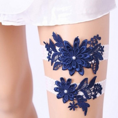 Garters & Garter Belts 2019 Sexy Rhinestone Bridal Garters Lace Wedding Garter Set with Pearls - C-navy - CW18EQ3H5KC