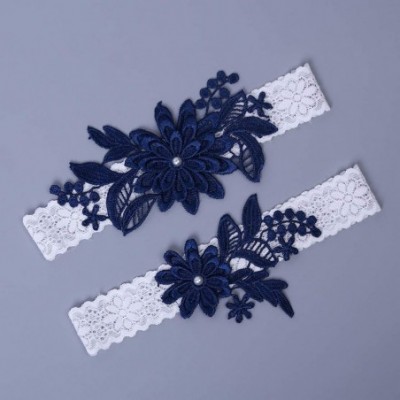 Garters & Garter Belts 2019 Sexy Rhinestone Bridal Garters Lace Wedding Garter Set with Pearls - C-navy - CW18EQ3H5KC