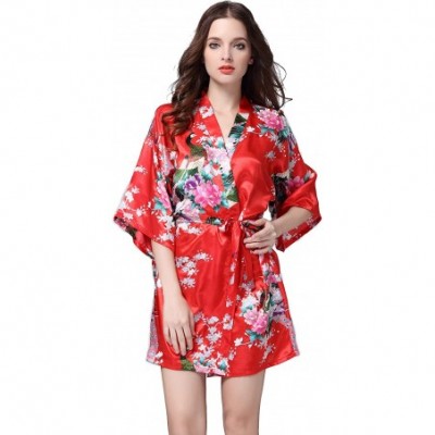 Robes Women's Floral Satin Robe Peacock and Flower Print Bridal Nightgown Bridesmaid Nightgown - Red - C6190OOW7ZO