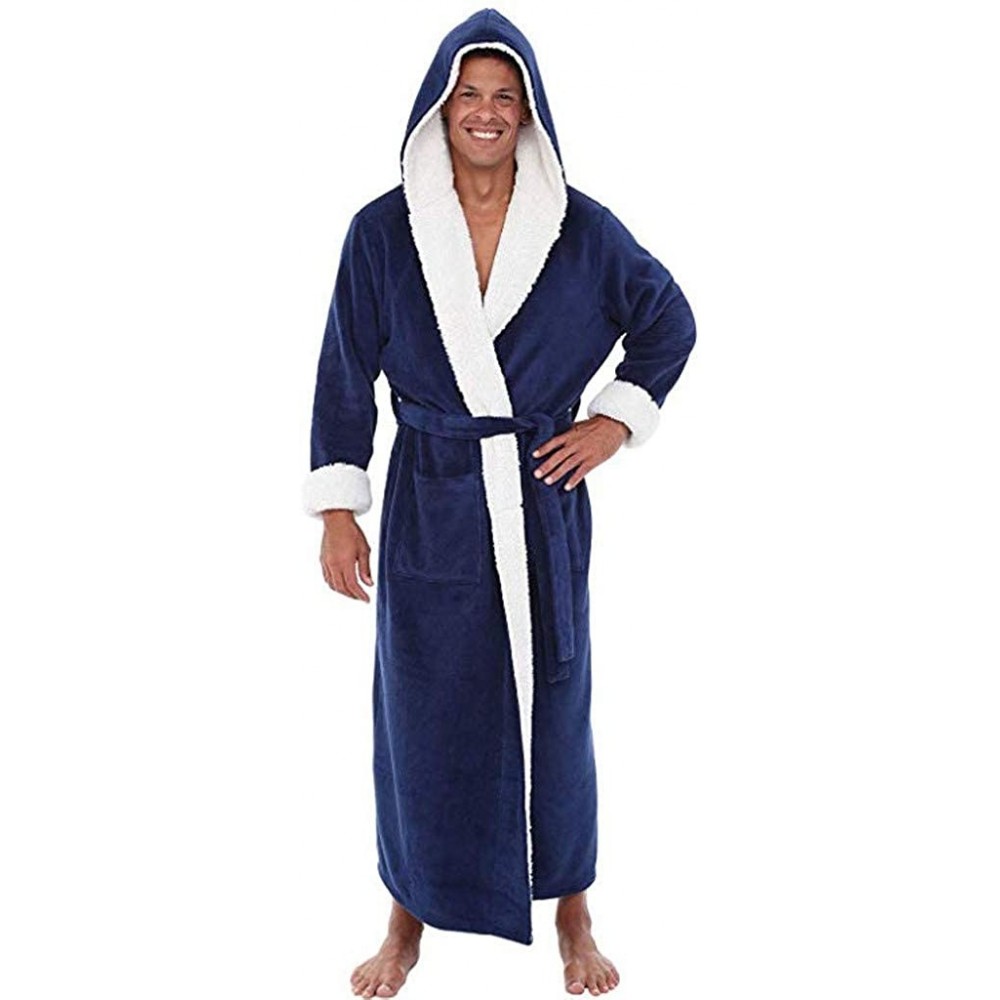 Robes Men's Solid Hooded Pajamas-Winter Plush Lengthened Shawl Bathrobe Home Clothes Long Sleeved Robe Coat - CU18AUDW34R