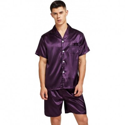 Sleep Sets Men's Short Sleeve Satin Pajama Set with Shorts - Purple - CW18T2QWID7