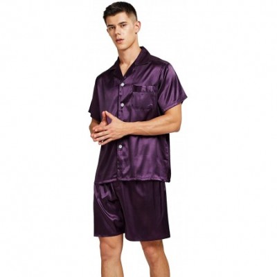 Sleep Sets Men's Short Sleeve Satin Pajama Set with Shorts - Purple - CW18T2QWID7