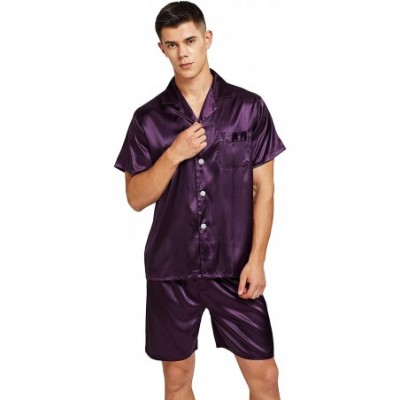 Sleep Sets Men's Short Sleeve Satin Pajama Set with Shorts - Purple - CW18T2QWID7