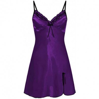 Nightgowns & Sleepshirts Sleepwear Women Sexy V Neck Lingerie Lace Trim Slip Babydoll Dress Comfort Sleepwear-Purple-XL - Pur...