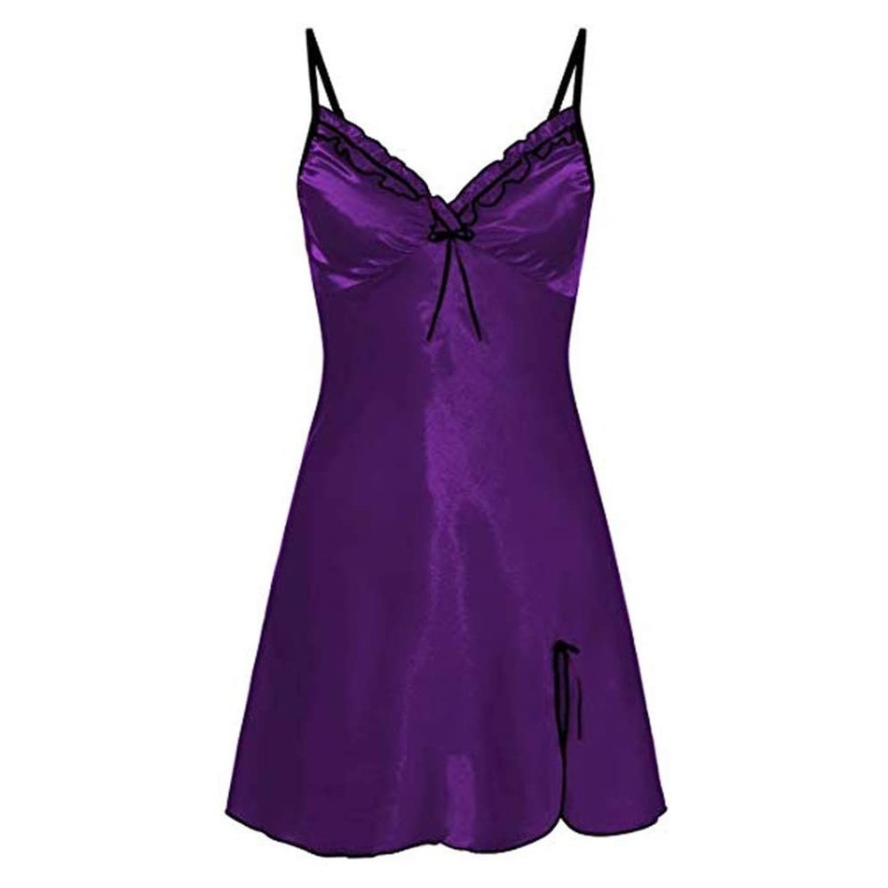 Nightgowns & Sleepshirts Sleepwear Women Sexy V Neck Lingerie Lace Trim Slip Babydoll Dress Comfort Sleepwear-Purple-XL - Pur...