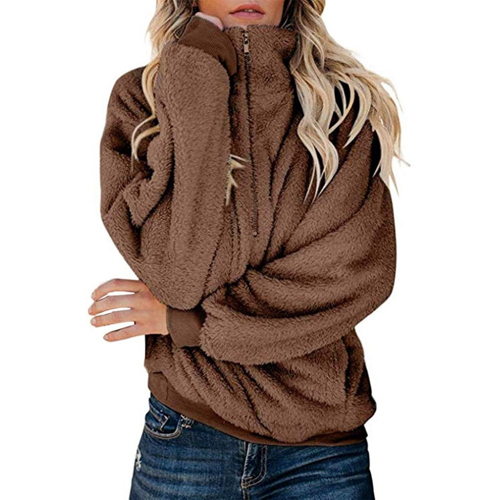 Thermal Underwear Women Warm Fluffy Winter Coat 1/2 Zipper Hoodie- Hooded Sweatshirt Pullover Jumper - Khaki - CY18XUD6SEN