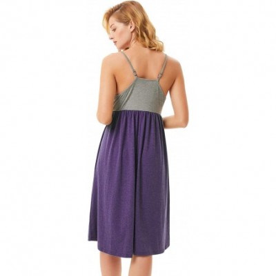 Nightgowns & Sleepshirts Sleepwear Women Soft V-Neck Nightgowns Full Slip Contrast Color Sexy Sleep Dress - Purple+grey - C01...