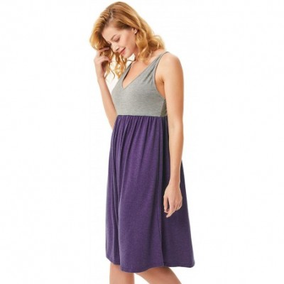 Nightgowns & Sleepshirts Sleepwear Women Soft V-Neck Nightgowns Full Slip Contrast Color Sexy Sleep Dress - Purple+grey - C01...