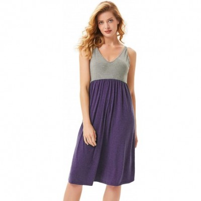 Nightgowns & Sleepshirts Sleepwear Women Soft V-Neck Nightgowns Full Slip Contrast Color Sexy Sleep Dress - Purple+grey - C01...