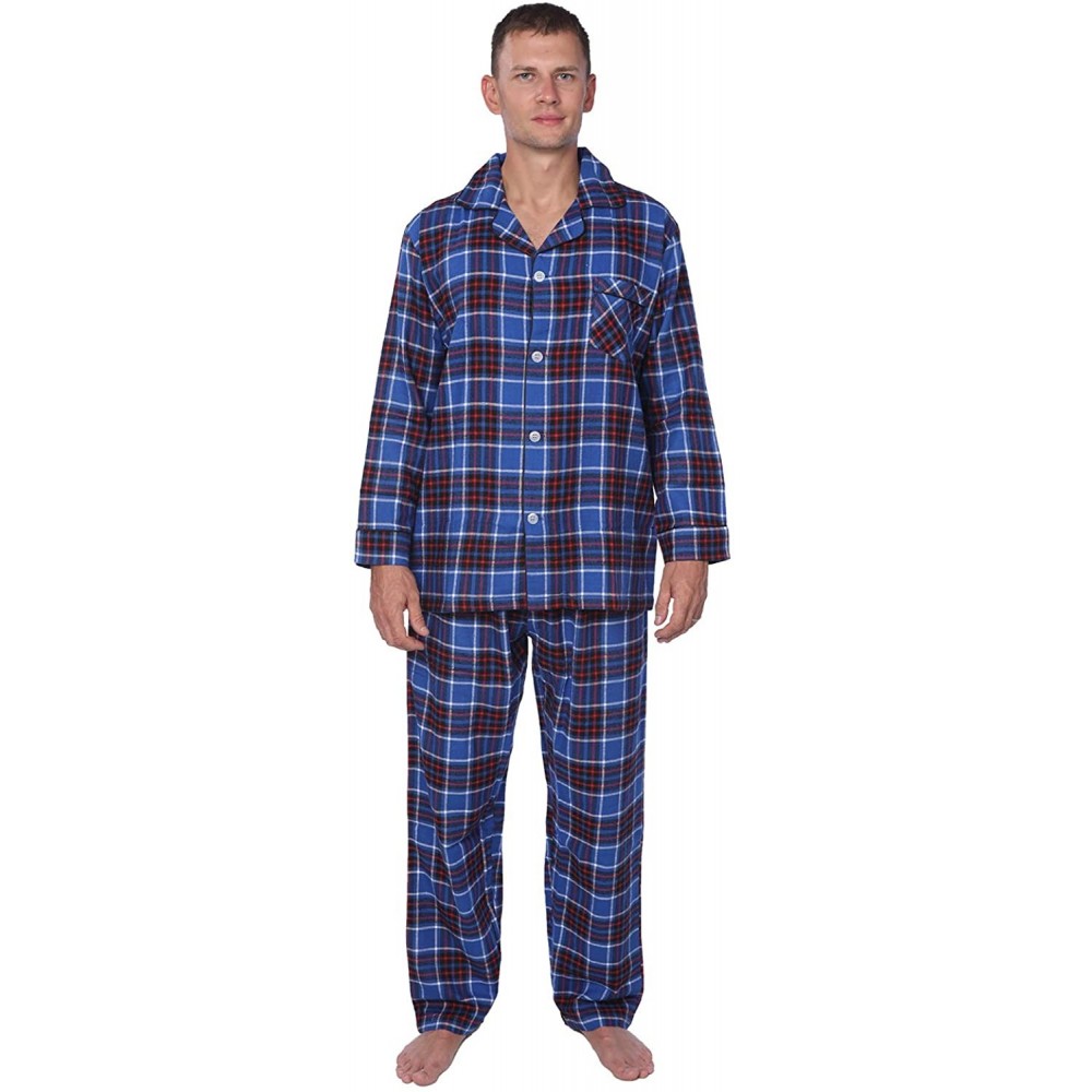 Sleep Sets Men's Brushed 100% Cotton Flannel Plaid Pajama Set - Blue Red White Plaid - CZ182I8D9NX