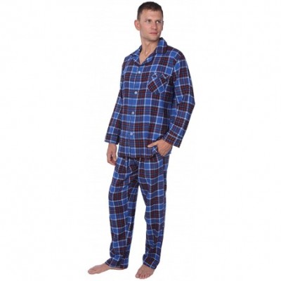 Sleep Sets Men's Brushed 100% Cotton Flannel Plaid Pajama Set - Blue Red White Plaid - CZ182I8D9NX