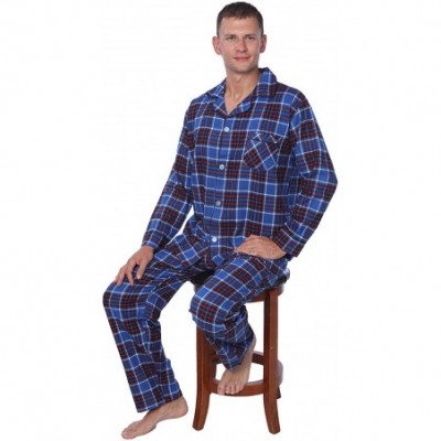 Sleep Sets Men's Brushed 100% Cotton Flannel Plaid Pajama Set - Blue Red White Plaid - CZ182I8D9NX