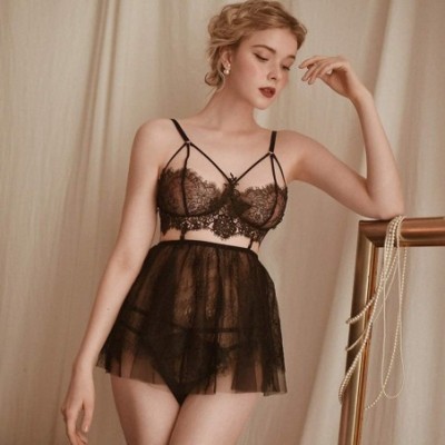 Baby Dolls & Chemises Sexy Lace See Through Lingerie for Women Strappy Sheer Chemise Mini Babydoll Night-Dress Sleepwear - Bl...