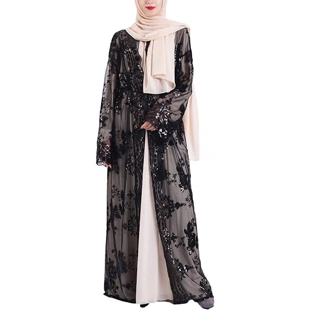 Robes Dresses for Lady Embroidered Sequins Muslim Dress Cardigan Long Robe for Summer - Black - CG199QNX8OQ