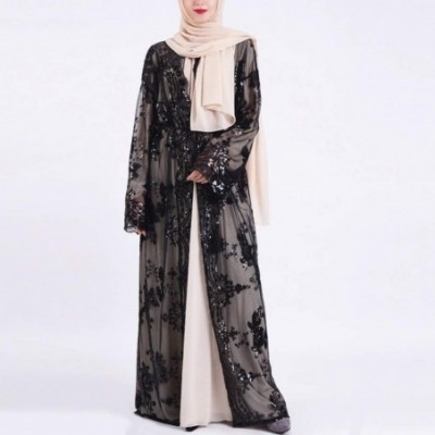 Robes Dresses for Lady Embroidered Sequins Muslim Dress Cardigan Long Robe for Summer - Black - CG199QNX8OQ