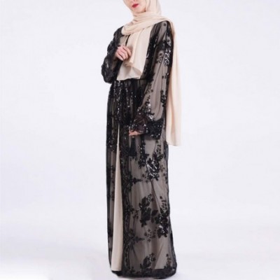 Robes Dresses for Lady Embroidered Sequins Muslim Dress Cardigan Long Robe for Summer - Black - CG199QNX8OQ