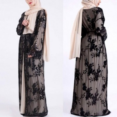 Robes Dresses for Lady Embroidered Sequins Muslim Dress Cardigan Long Robe for Summer - Black - CG199QNX8OQ