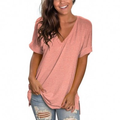 Tops Women's Tshirts Casual V Neck Short Sleeve Loose Summer Tunic Tops - S Coral - CF19C2K2H8H