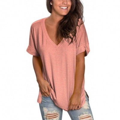 Tops Women's Tshirts Casual V Neck Short Sleeve Loose Summer Tunic Tops - S Coral - CF19C2K2H8H