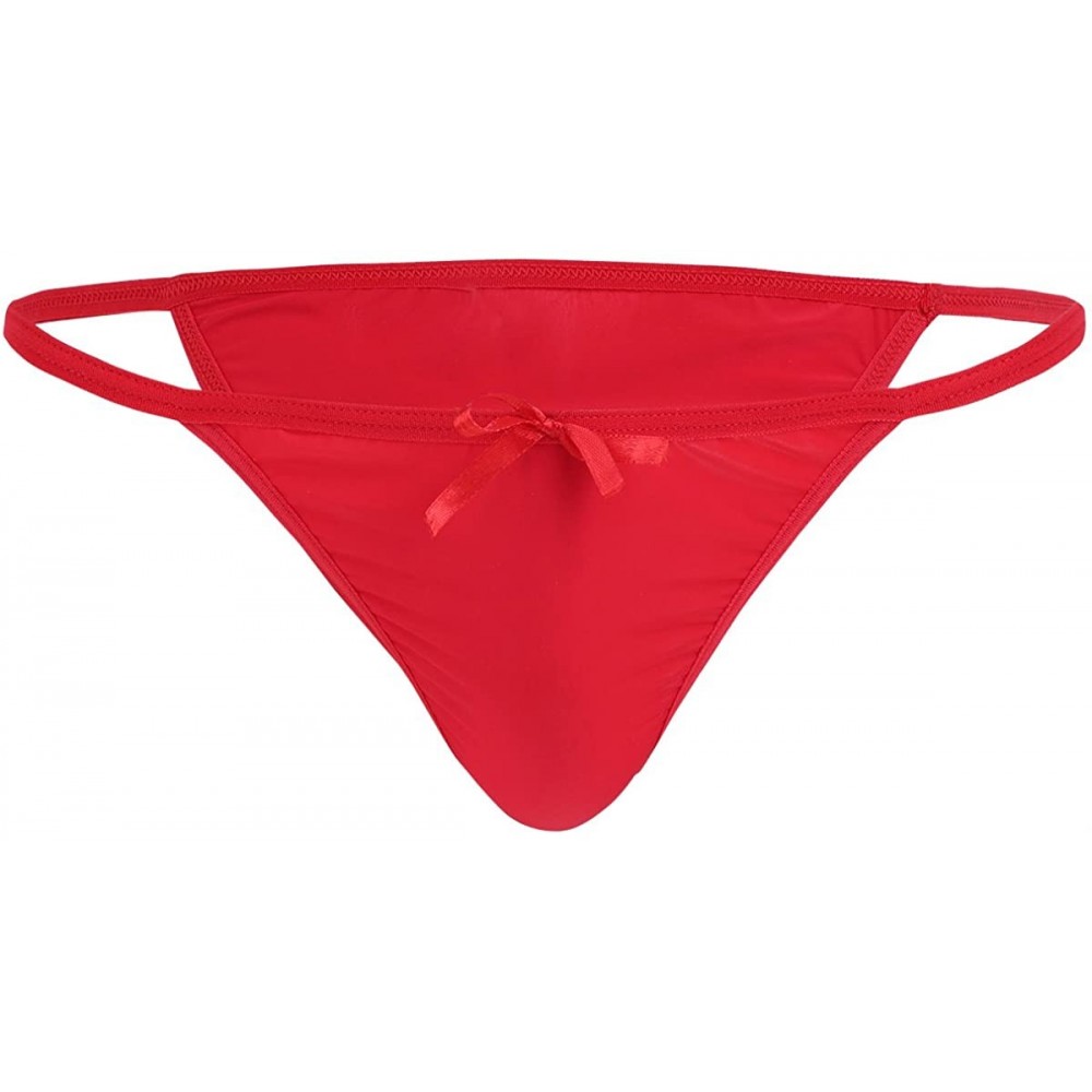 Bikinis Men's Low Rise High Cut G-String Thongs Sissy Bowknot Silky Lingerie Bikini Briefs Underwear - Red - CF18YGLWM38