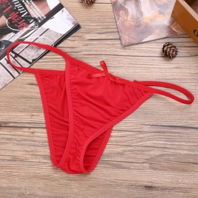 Bikinis Men's Low Rise High Cut G-String Thongs Sissy Bowknot Silky Lingerie Bikini Briefs Underwear - Red - CF18YGLWM38