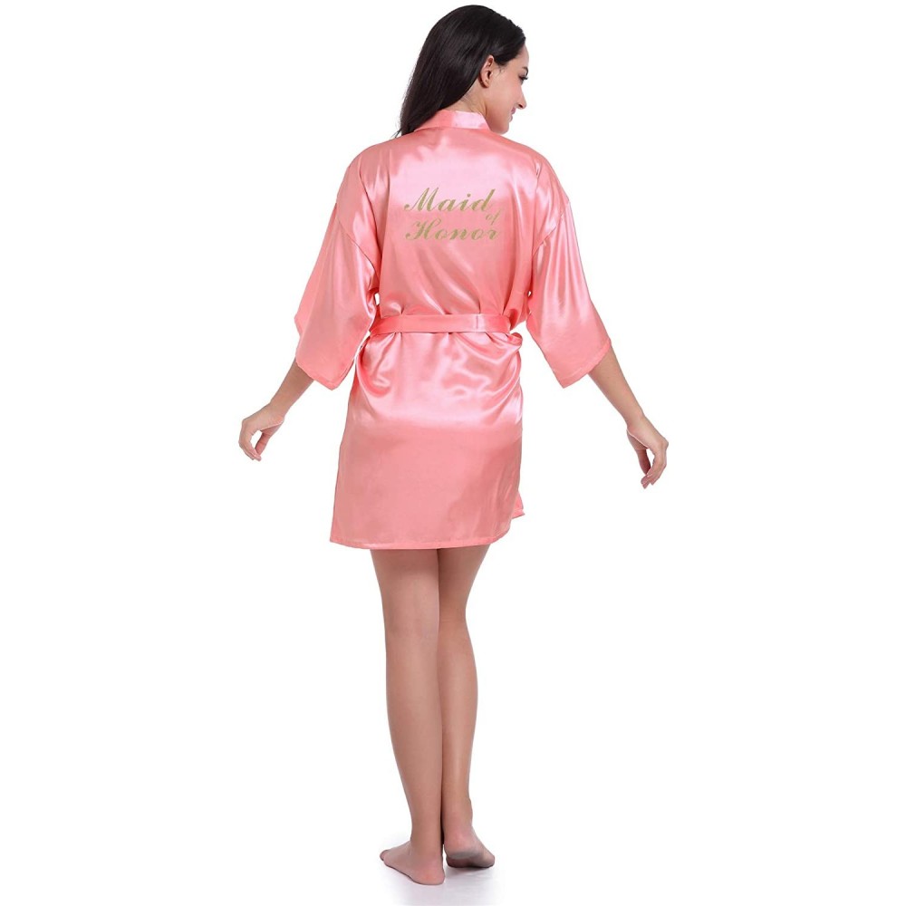 Robes Women's Bronzing Bride Bridesmaid Satin Robe Short Bathrobe Silk Smooth Sleepwear - Watermelon - CK196OUULKM