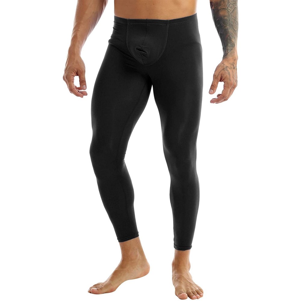 Thermal Underwear Men's Silk Compression Baselayer Pouch Pants Johns Underwear Semi See Through Leggings Tights - Black - C31...