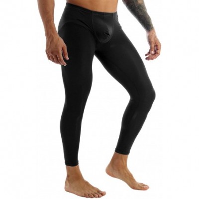 Thermal Underwear Men's Silk Compression Baselayer Pouch Pants Johns Underwear Semi See Through Leggings Tights - Black - C31...