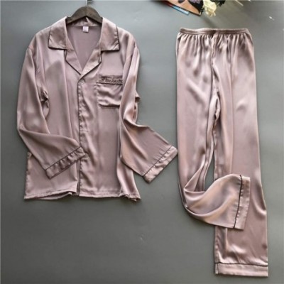 Nightgowns & Sleepshirts Men Simulation Silk Pajamas Lingerie Plus Size Long Sleeve Sleepwear Set - Pink - CY18T6G5X39