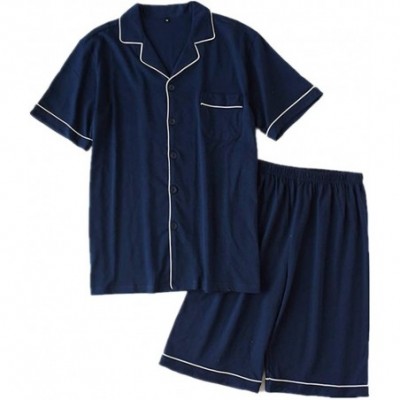 Sleep Sets Notch Collar 100% Cotton Two Piece Pajamas Set for Couple Lounge Sleepwear - Navy for Men - CX19CXTWE50