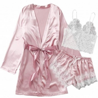 Sets Women's Sleepwear Floral Lace Trim Satin Cami Pajama Set with Robe - Pink - CJ1906ILLHQ