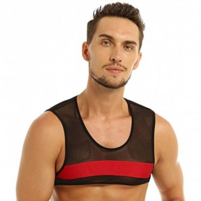 Undershirts Men's See Through Sheer Mesh Muscle Half Tank Top Vest Sleeveless Undershirts Crop Tops - Black Red - CS18E0DNH6W