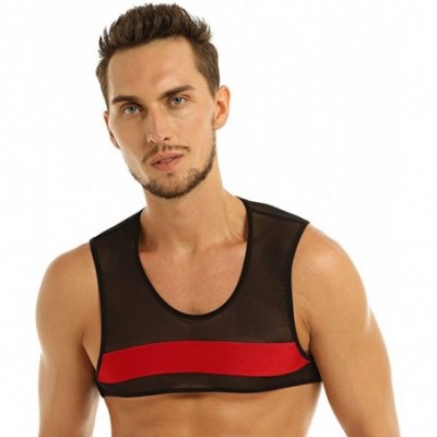 Undershirts Men's See Through Sheer Mesh Muscle Half Tank Top Vest Sleeveless Undershirts Crop Tops - Black Red - CS18E0DNH6W