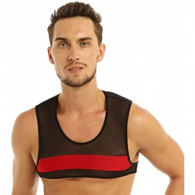 Undershirts Men's See Through Sheer Mesh Muscle Half Tank Top Vest Sleeveless Undershirts Crop Tops - Black Red - CS18E0DNH6W