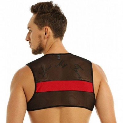 Undershirts Men's See Through Sheer Mesh Muscle Half Tank Top Vest Sleeveless Undershirts Crop Tops - Black Red - CS18E0DNH6W