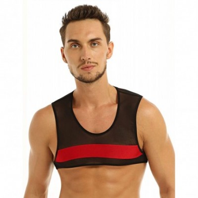 Undershirts Men's See Through Sheer Mesh Muscle Half Tank Top Vest Sleeveless Undershirts Crop Tops - Black Red - CS18E0DNH6W