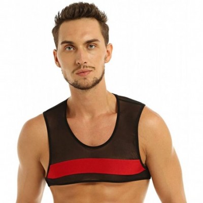 Undershirts Men's See Through Sheer Mesh Muscle Half Tank Top Vest Sleeveless Undershirts Crop Tops - Black Red - CS18E0DNH6W