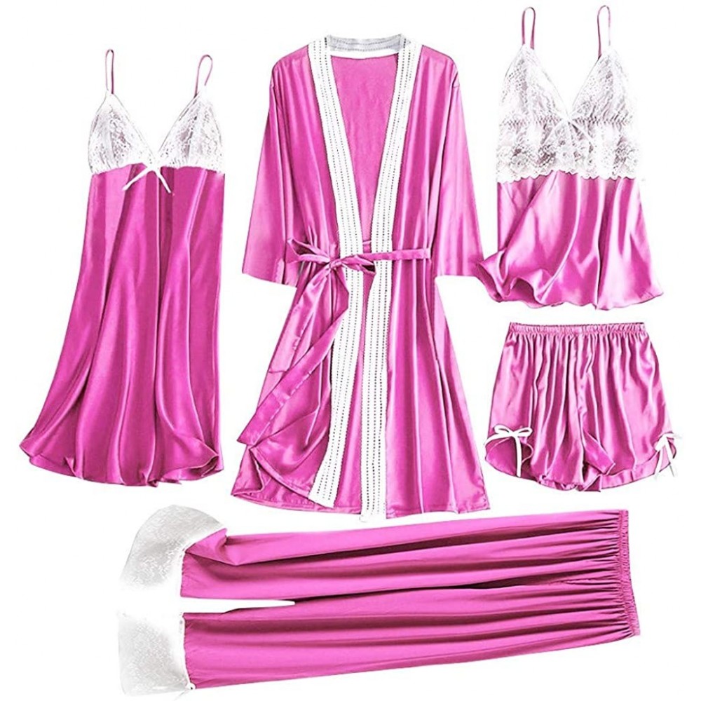 Sets Womens Lingerie Sexy Satin Pajamas Set 5pcs Nightgown Chemise with Robe Set Sexy Lace Nightwear Home Clothes - B-hot Pin...