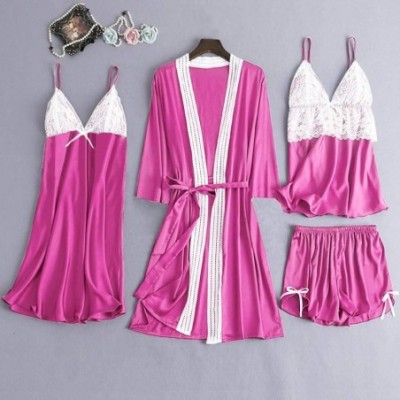 Tops 5Pcs Women Satin Lace Simulation Silk Pajamas Set Camisole Trousers Shorts Nightdress Robe Pajamas Lingerie Hot Pink - C...