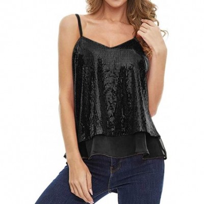 Thermal Underwear Women's Summer Sequin Vest Sleeveless U-Neck Beaded Backless Top Sling T-Shirt - C1-black - CO1947A8TMQ