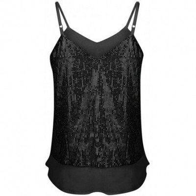 Thermal Underwear Women's Summer Sequin Vest Sleeveless U-Neck Beaded Backless Top Sling T-Shirt - C1-black - CO1947A8TMQ