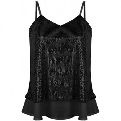 Thermal Underwear Women's Summer Sequin Vest Sleeveless U-Neck Beaded Backless Top Sling T-Shirt - C1-black - CO1947A8TMQ