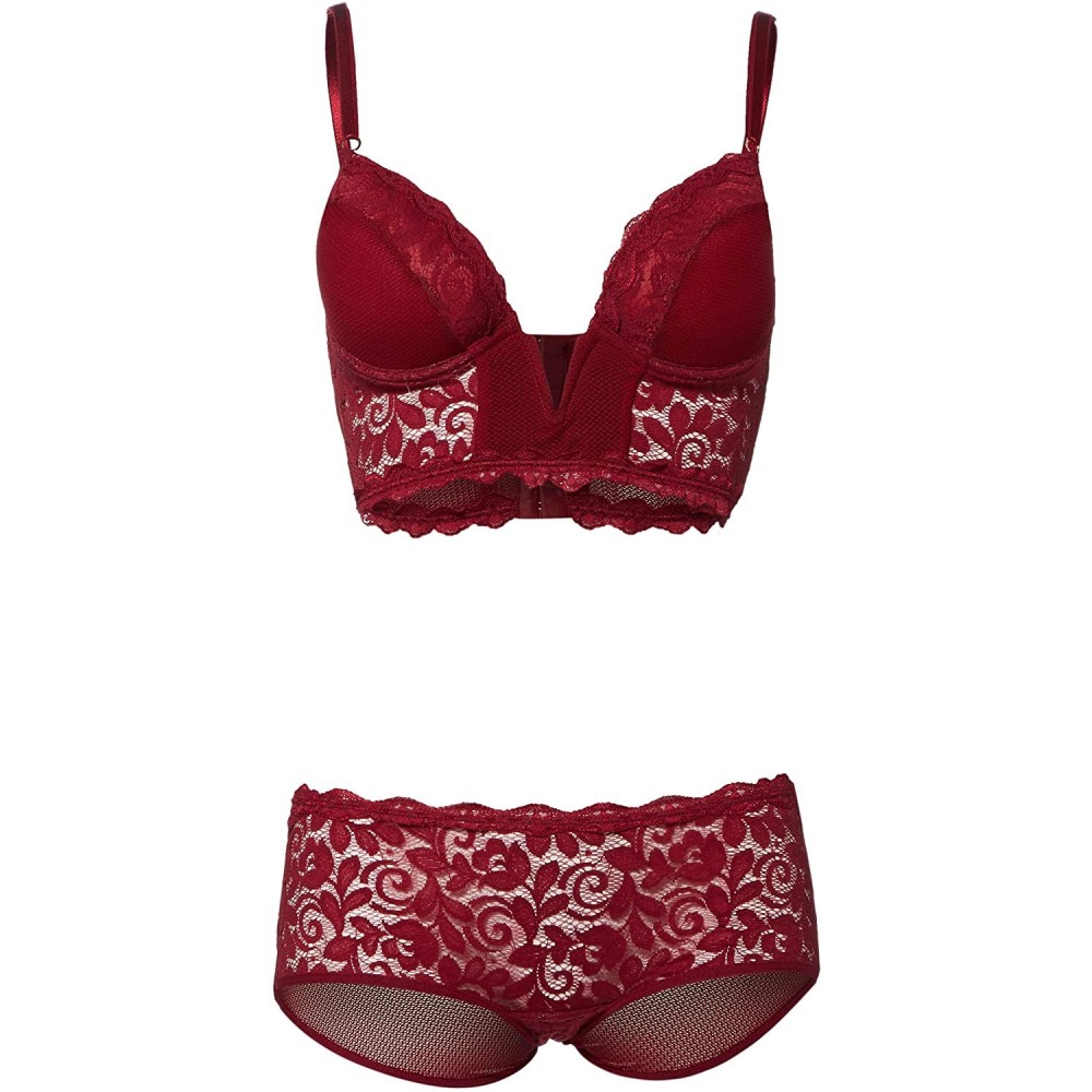 Bras Sexy Mesh and Lace Underwear for Women 2-Piece Set Ropa Intima De Mujer - 8214 Burgundy - CC12ODBCGCF