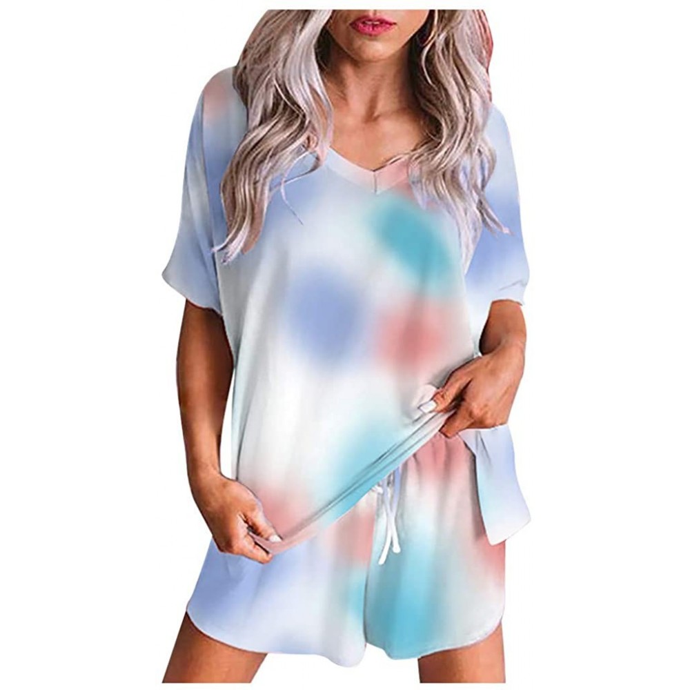 Sets Womens Tie Dye Printed Casual Outfit Short Lounge Pajamas Set V Neck Ruffle Sleepwear Loungewear Nightwear Tigivemen - B...