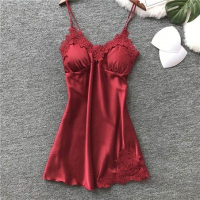 Baby Dolls & Chemises Women Sexy V Neck Solid Pleated Lace Pad Lingerie Nightwear Underwear Robe Babydoll Sleepwear Dress - W...