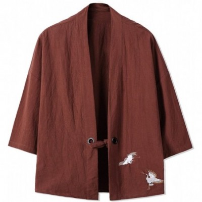 Robes Men's Japanese Fashion Kimono Cardigan Plus Size Jacket Yukata Casual Cotton Linen Seven Sleeve Lightweight - Brown - C...