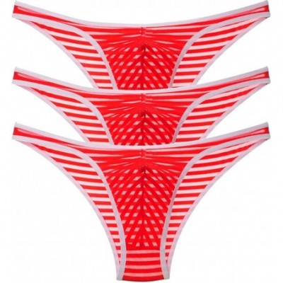 Briefs Men's Bordered Skimpy Briefs Underwear Sexy Stripe Mesh Sheer Bikini Briefs - 3-pack Red - C0193WSZYDS