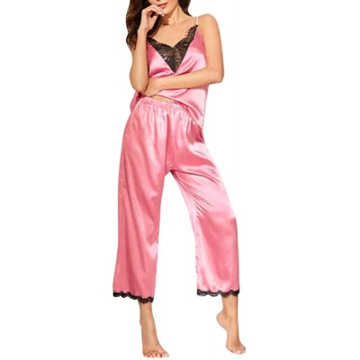 Sets Womens Sexy Cami Silk Pajamas Set Soft Satin Lace-Like Nightwear Pajamas Lingerie. - Pink - CL18Z5SQW0D