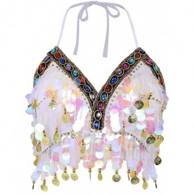 Camisoles & Tanks Women's Shiny Sequins Tassel Bra Halter Neck Belly Dance Salsa Boho Festival Tribal Crop Top - White - CN19...