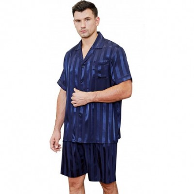 Sleep Sets Mens Satin Short Pajamas Set Sleepwear Loungewear S~4XL - Navy Blue - C718H09XLKL